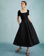 Black Pleated Midi Skirt with High Waist