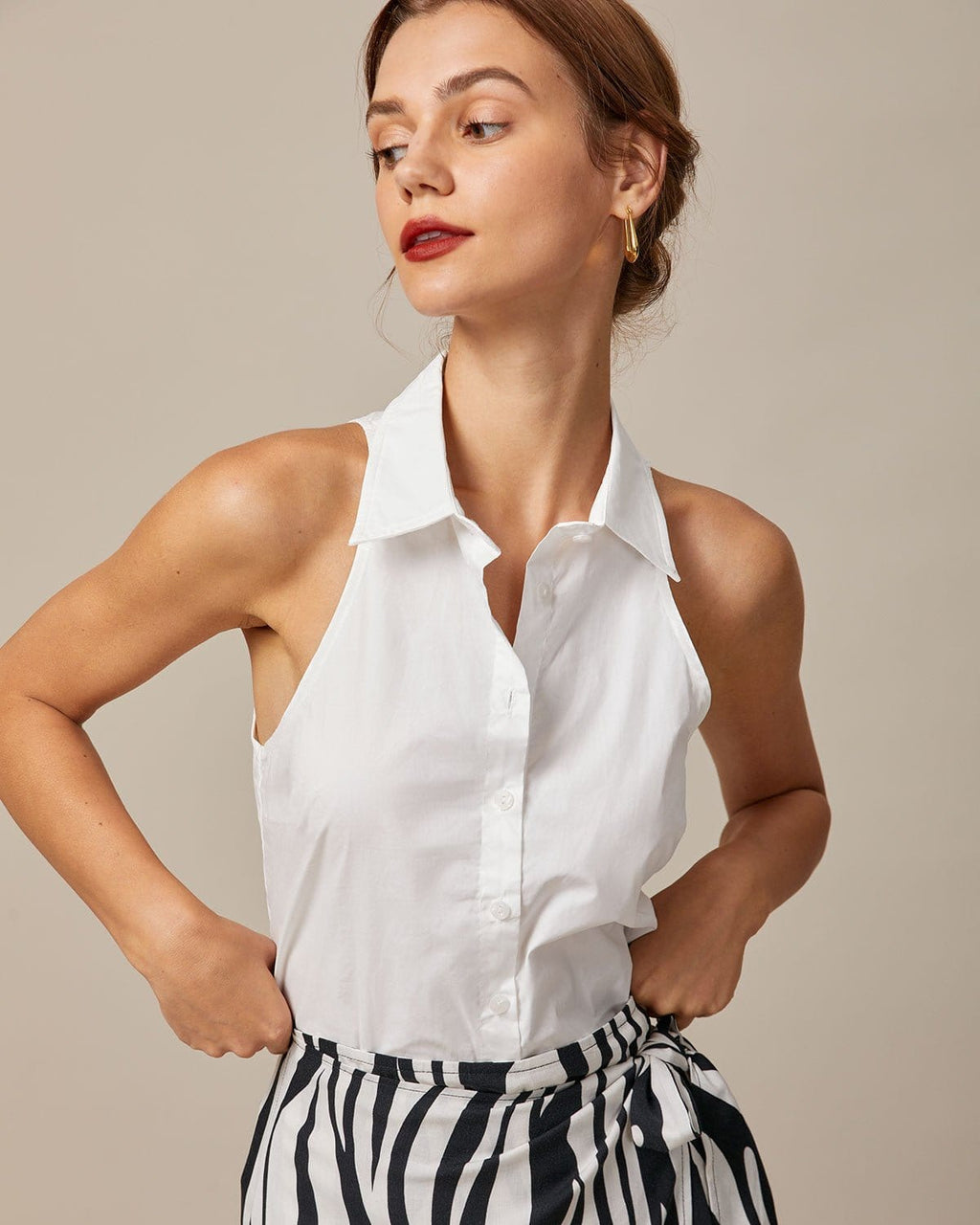 White Sleeveless Button-Up Shirt with Collar