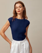 Blue Ribbed Cap Sleeve Knit Tee with Boat Neck