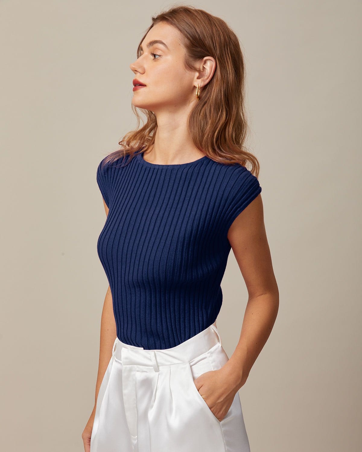 Blue Ribbed Cap Sleeve Knit Tee with Boat Neck