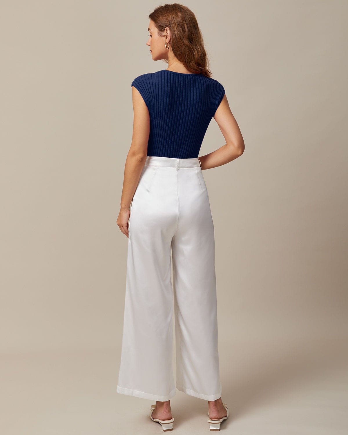 Blue Ribbed Cap Sleeve Knit Tee with Boat Neck