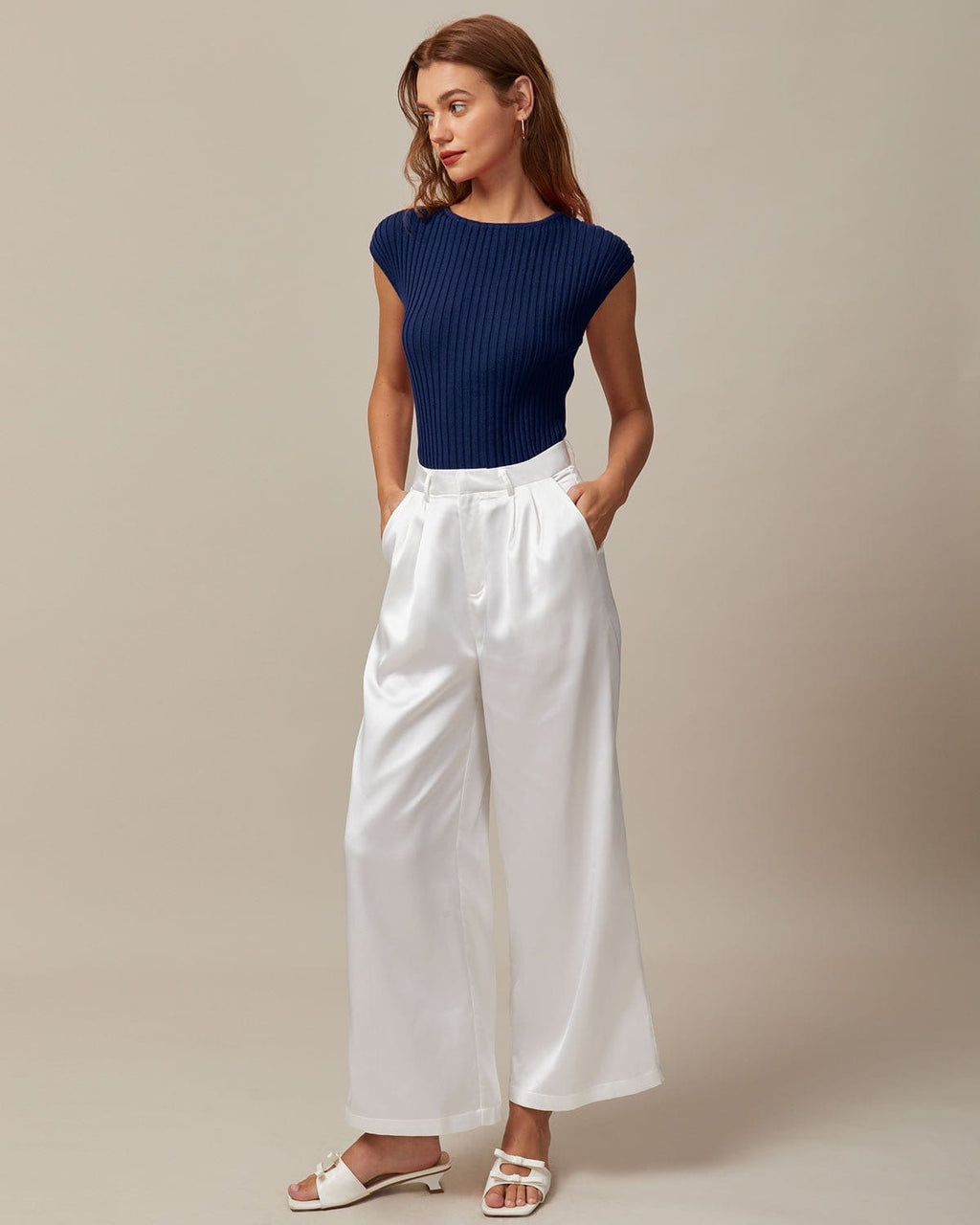 Blue Ribbed Cap Sleeve Knit Tee with Boat Neck