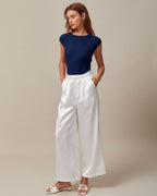 Blue Ribbed Cap Sleeve Knit Tee with Boat Neck