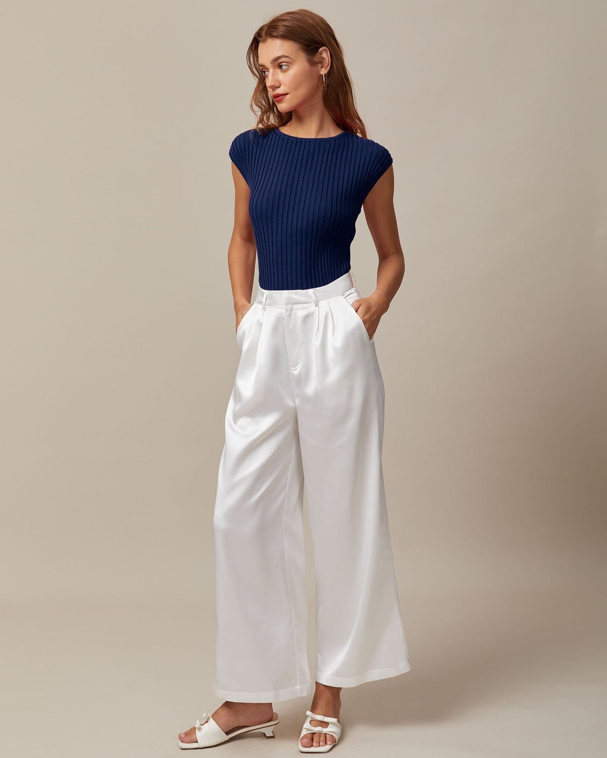 Blue Ribbed Cap Sleeve Knit Tee with Boat Neck