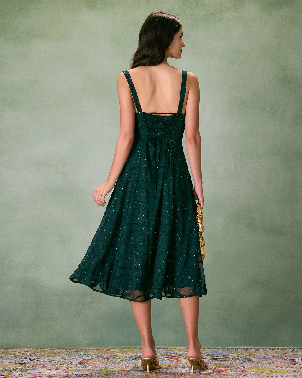 Green Jacquard Midi Dress with Square Neck and Slit