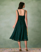 Green Jacquard Midi Dress with Square Neck and Slit