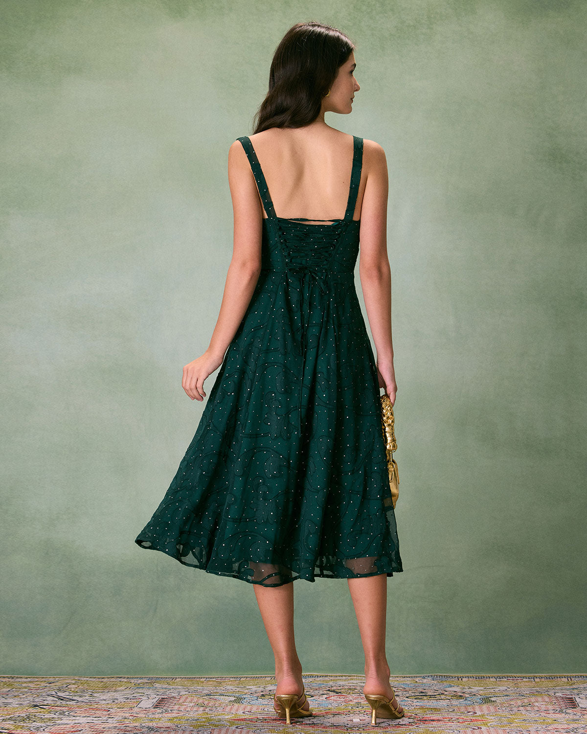 Green Jacquard Midi Dress with Square Neck and Slit