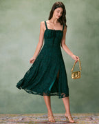 Green Jacquard Midi Dress with Square Neck and Slit