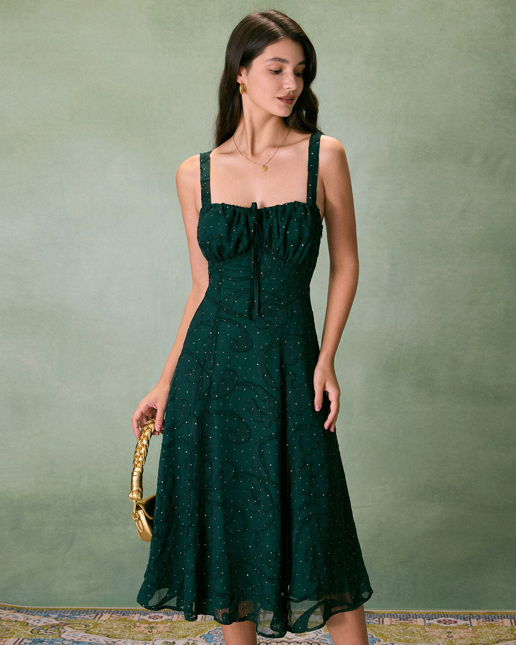 Green Jacquard Midi Dress with Square Neck and Slit