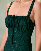 Green Jacquard Midi Dress with Square Neck and Slit