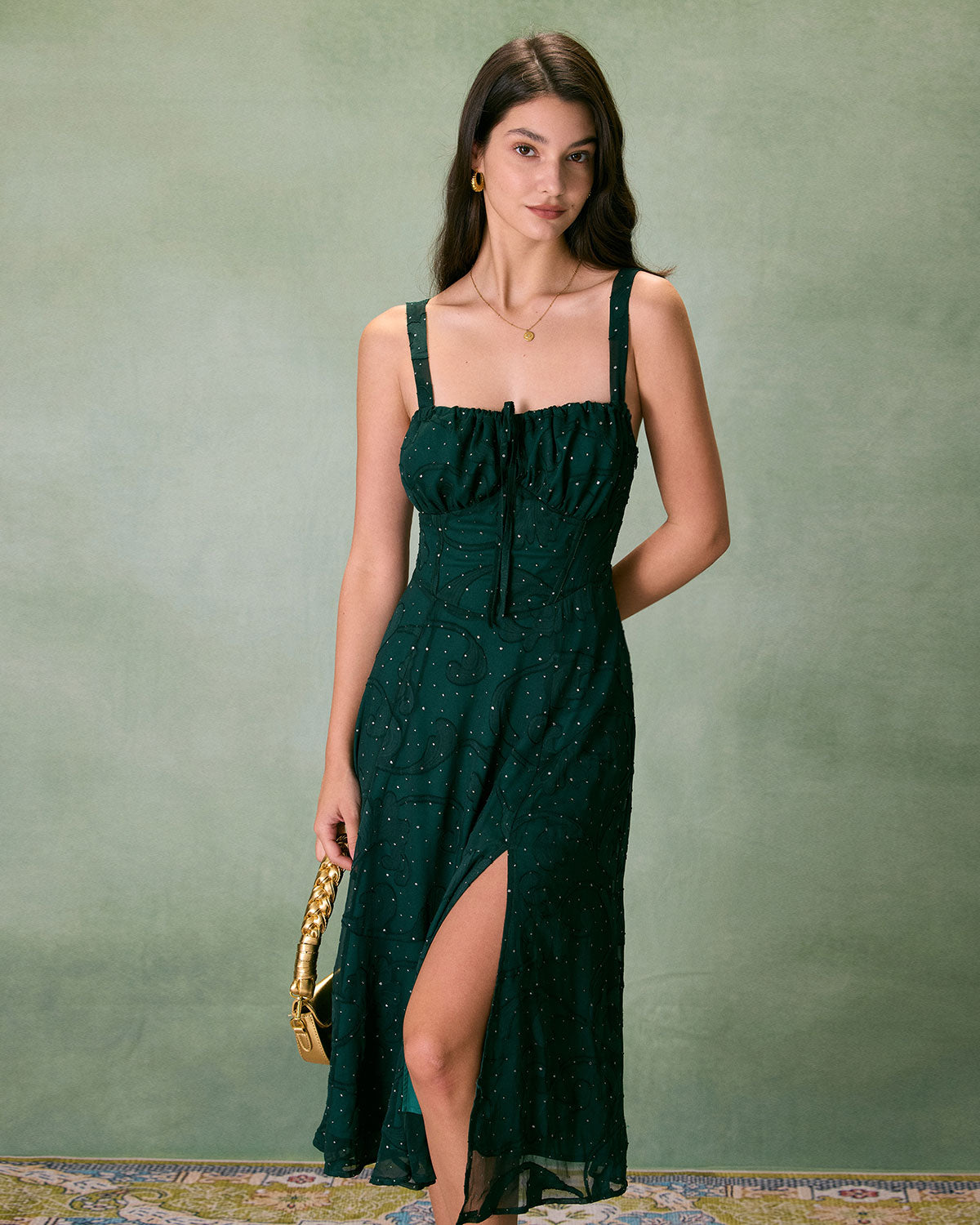 Green Jacquard Midi Dress with Square Neck and Slit