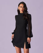 Black Sheer Mini Dress with Stand Collar and Slit Detail