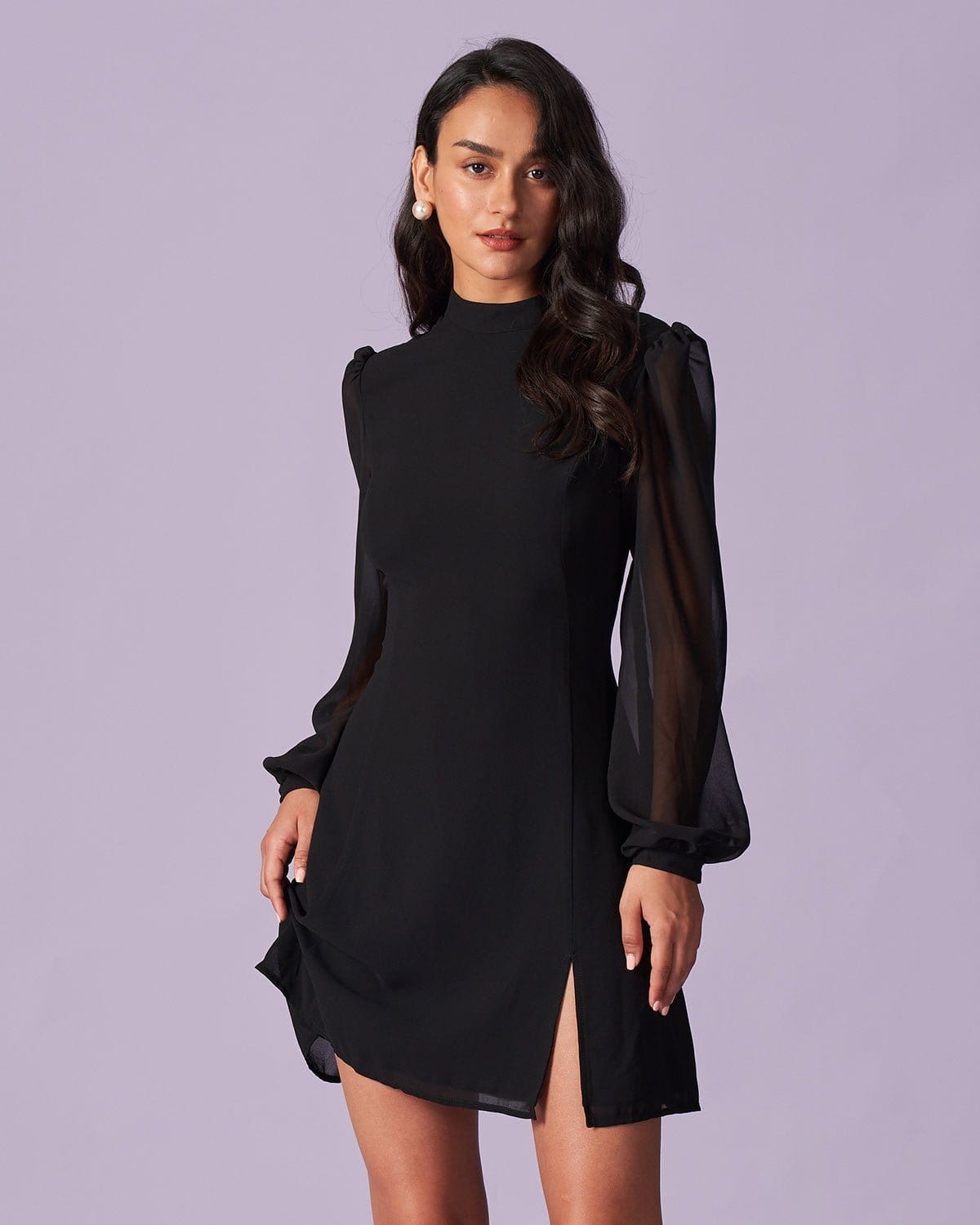 Black Sheer Mini Dress with Stand Collar and Slit Detail
