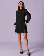 Black Sheer Mini Dress with Stand Collar and Slit Detail