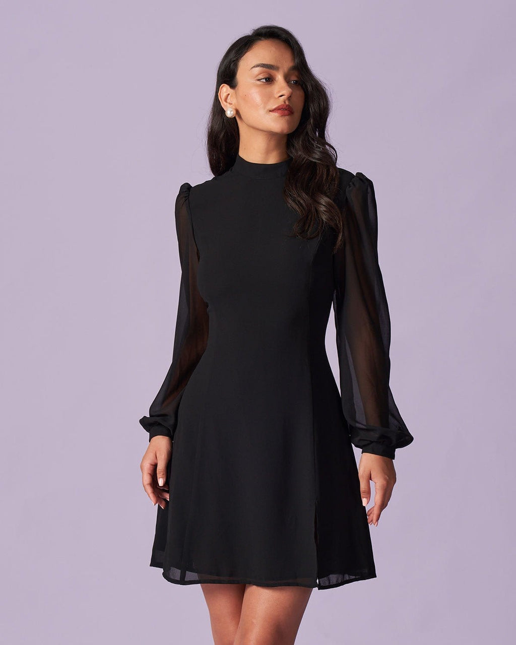 Black Sheer Mini Dress with Stand Collar and Slit Detail