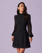 Black Sheer Mini Dress with Stand Collar and Slit Detail