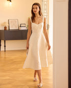 White Jacquard Midi Dress with Sweetheart Neckline