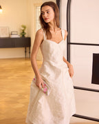 White Jacquard Midi Dress with Sweetheart Neckline