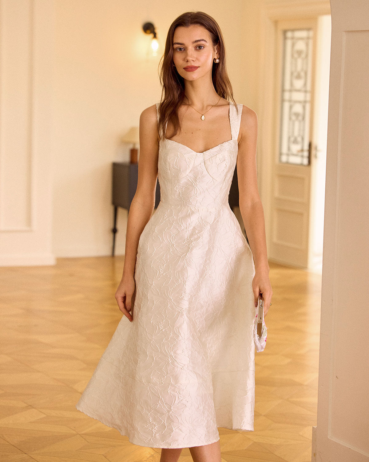 White Jacquard Midi Dress with Sweetheart Neckline