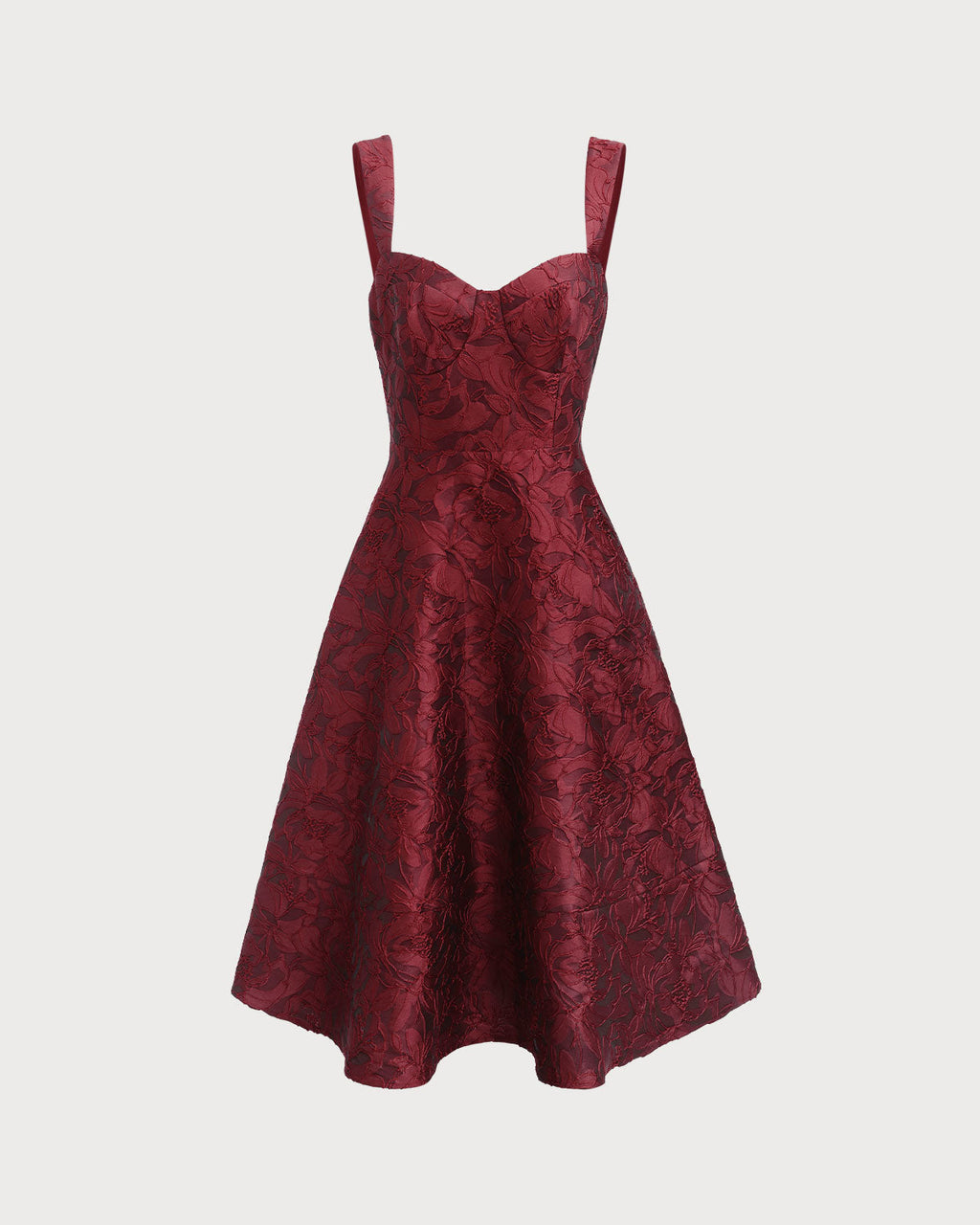 Red Jacquard Midi Dress with Sweetheart Neckline