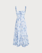 Floral Ruched Midi Dress with Blue Square Neck
