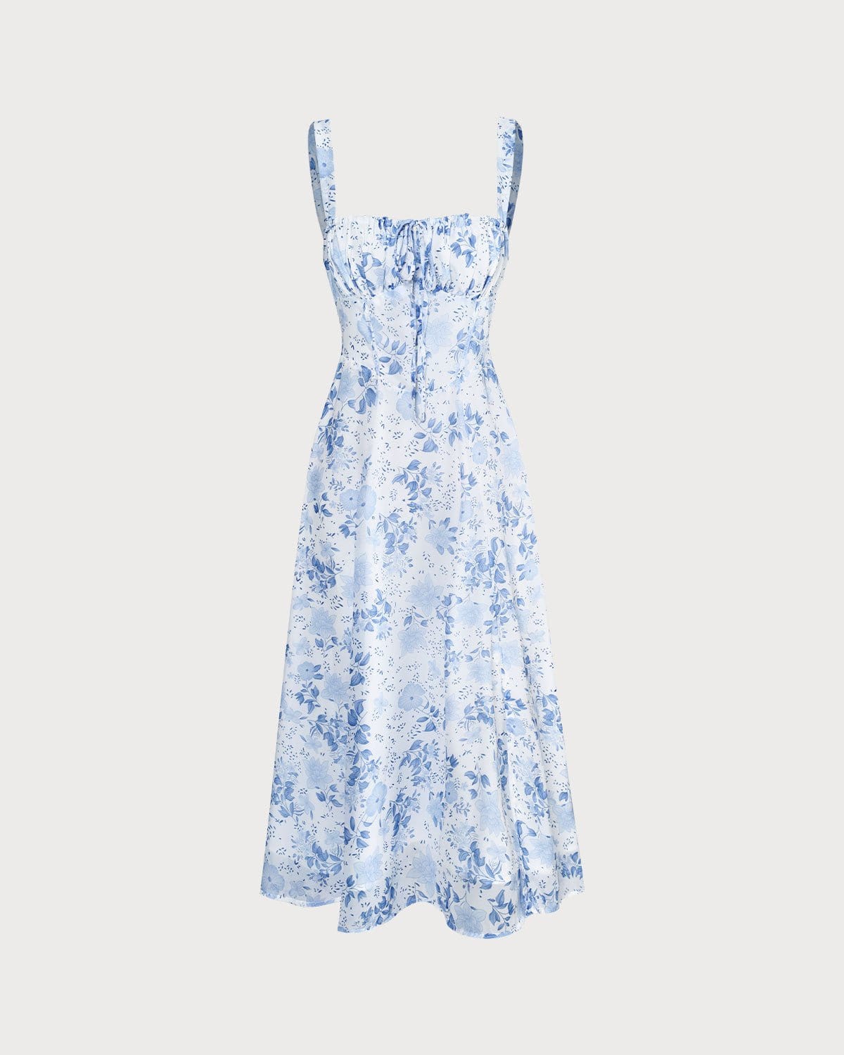 Floral Ruched Midi Dress with Blue Square Neck