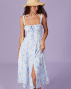 Floral Ruched Midi Dress with Blue Square Neck