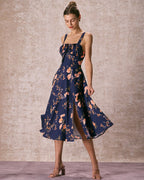 Navy Floral Ruched Midi Dress with Lace-Up Detail