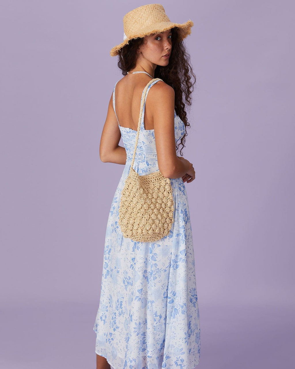 Floral Ruched Midi Dress with Blue Square Neck