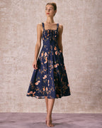 Navy Floral Ruched Midi Dress with Lace-Up Detail