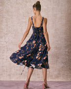 Navy Floral Ruched Midi Dress with Lace-Up Detail