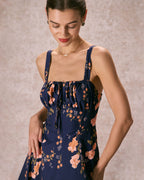 Navy Floral Ruched Midi Dress with Lace-Up Detail