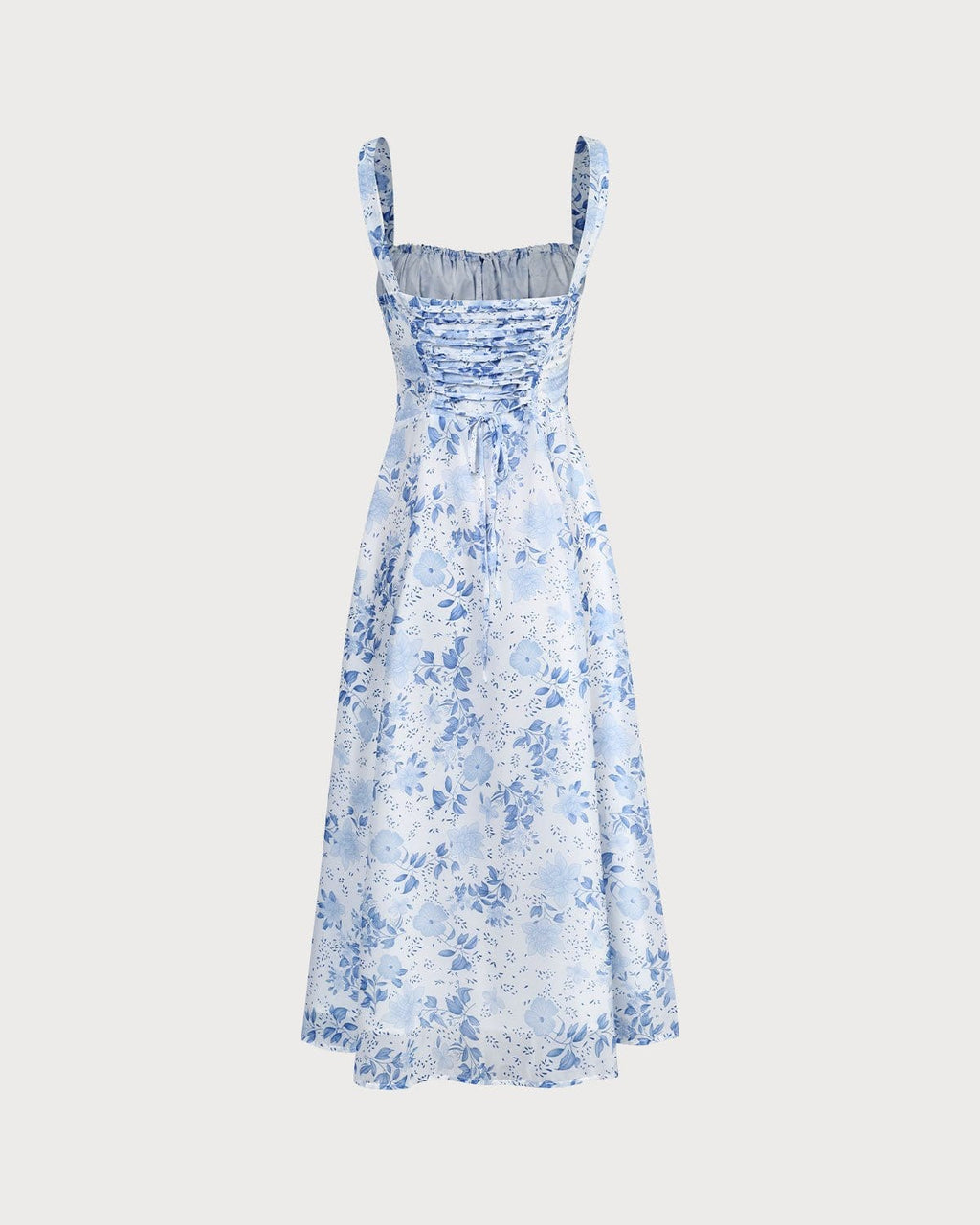 Floral Ruched Midi Dress with Blue Square Neck