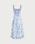 Floral Ruched Midi Dress with Blue Square Neck