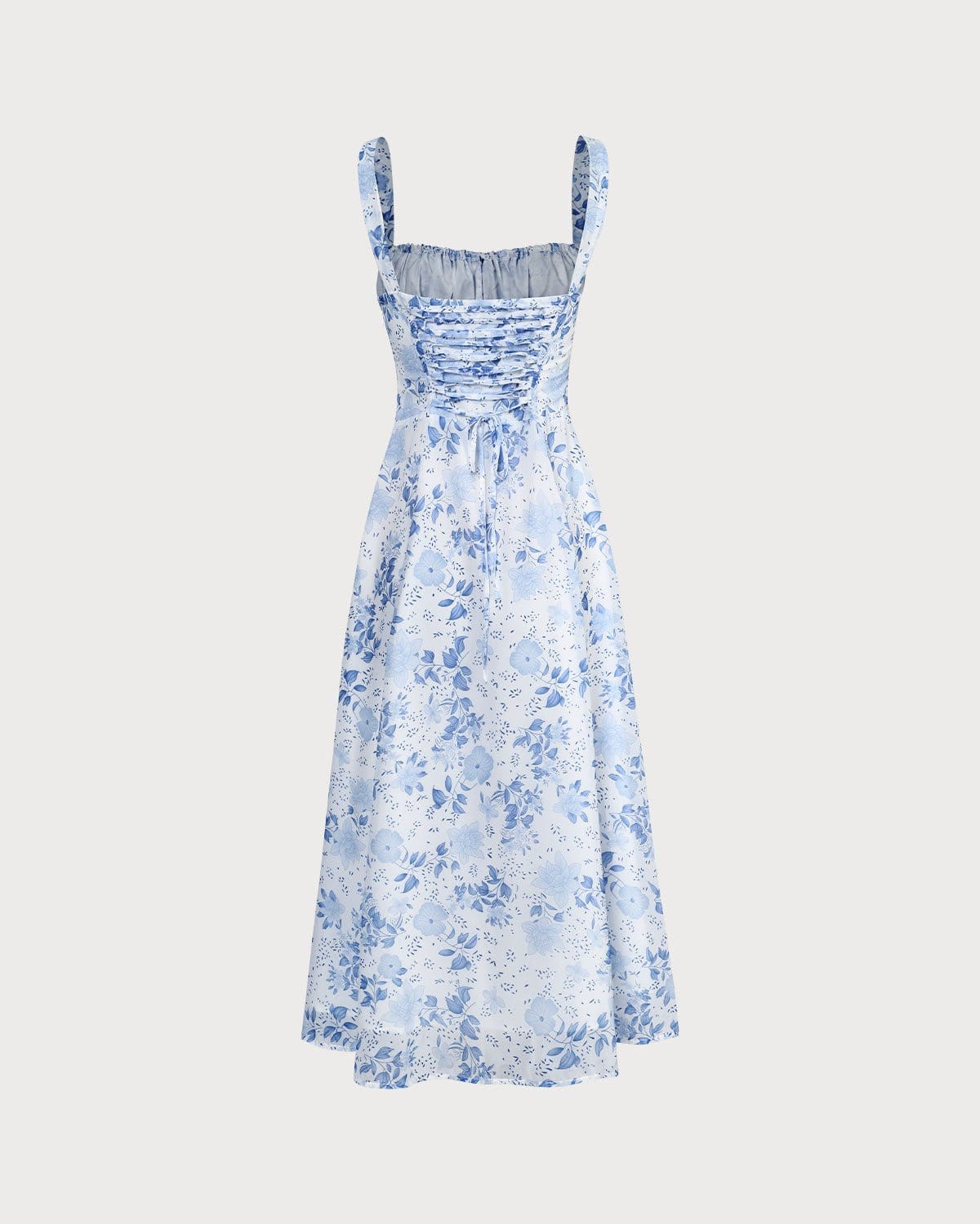 Floral Ruched Midi Dress with Blue Square Neck