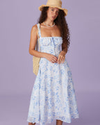 Floral Ruched Midi Dress with Blue Square Neck