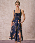 Navy Floral Ruched Midi Dress with Lace-Up Detail