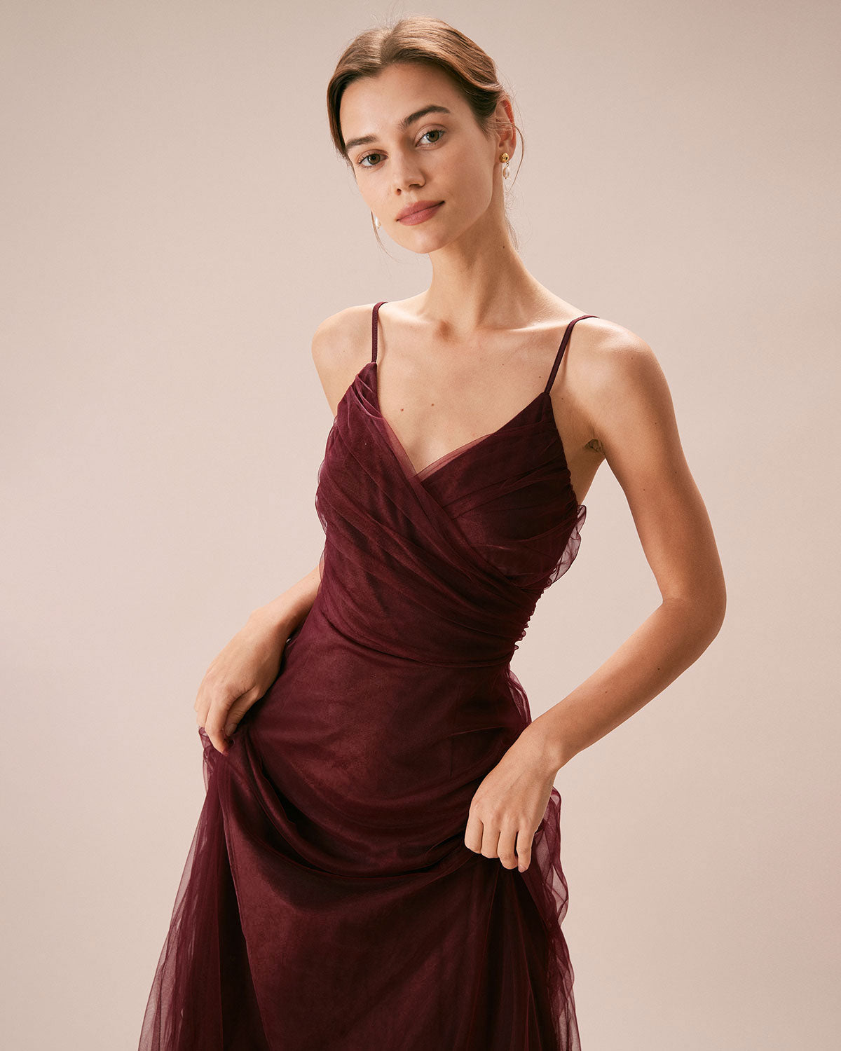 Wine Red V-Neck Mesh Maxi Dress with Wrap Detail