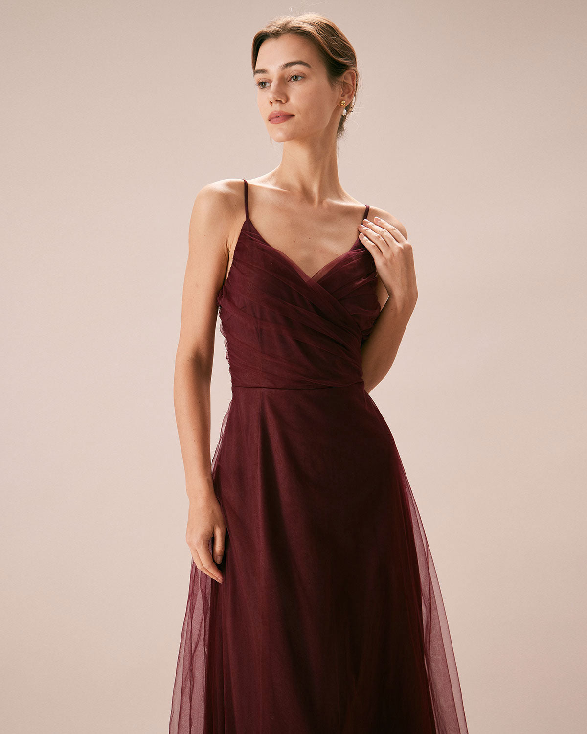 Wine Red V-Neck Mesh Maxi Dress with Wrap Detail
