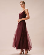 Wine Red V-Neck Mesh Maxi Dress with Wrap Detail