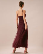 Wine Red V-Neck Mesh Maxi Dress with Wrap Detail