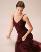 Wine Red V-Neck Mesh Maxi Dress with Wrap Detail