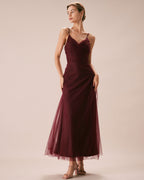 Wine Red V-Neck Mesh Maxi Dress with Wrap Detail
