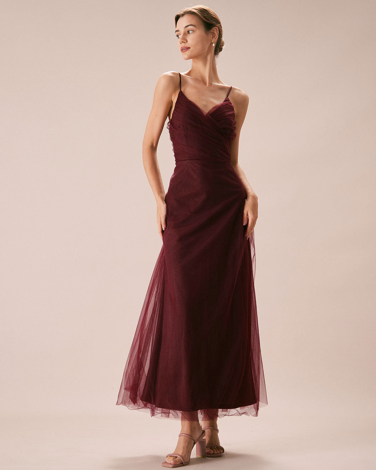 Wine Red V-Neck Mesh Maxi Dress with Wrap Detail