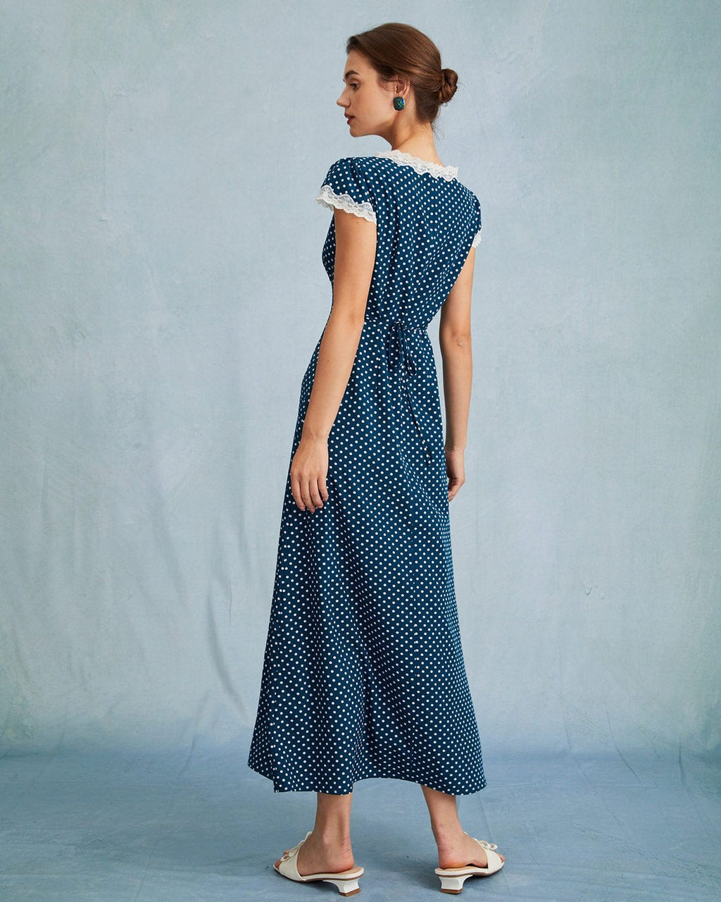 Navy Polka Dot Lace Ruched V-Neck Maxi Dress