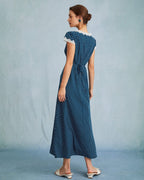 Navy Polka Dot Lace Ruched V-Neck Maxi Dress