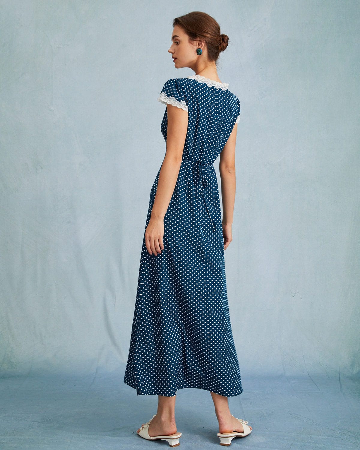 Navy Polka Dot Lace Ruched V-Neck Maxi Dress