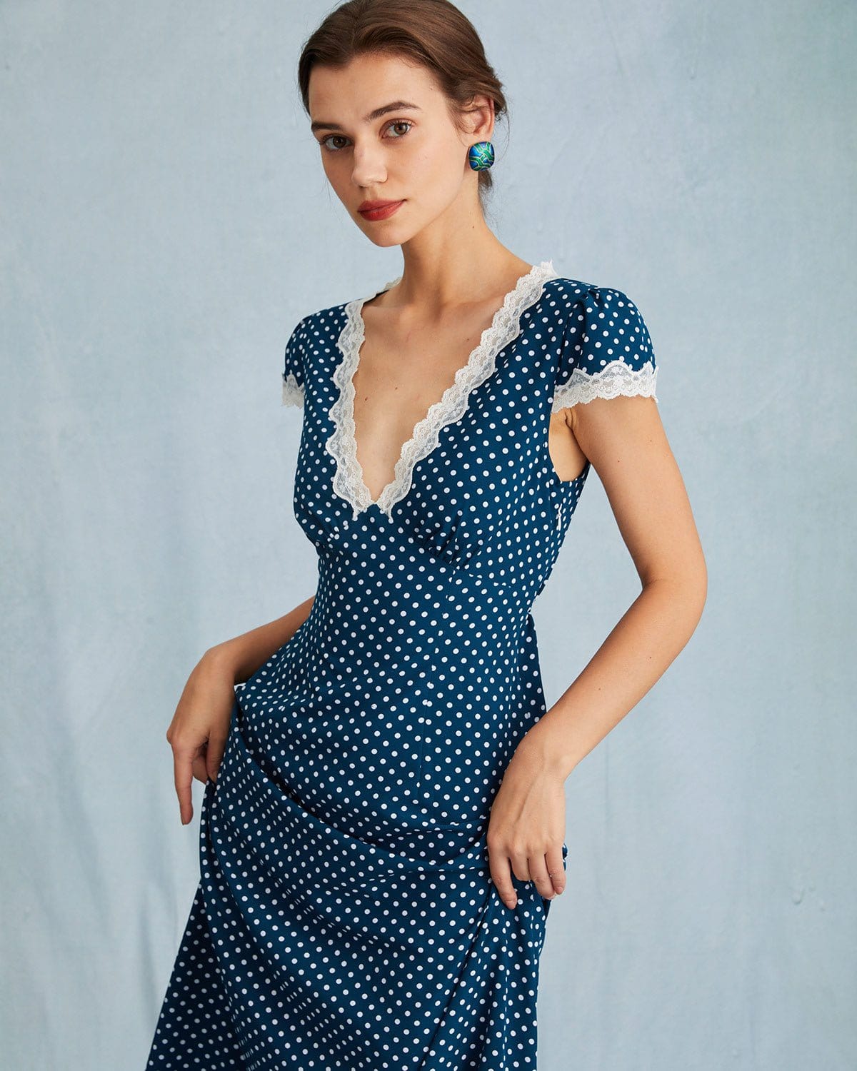 Navy Polka Dot Lace Ruched V-Neck Maxi Dress