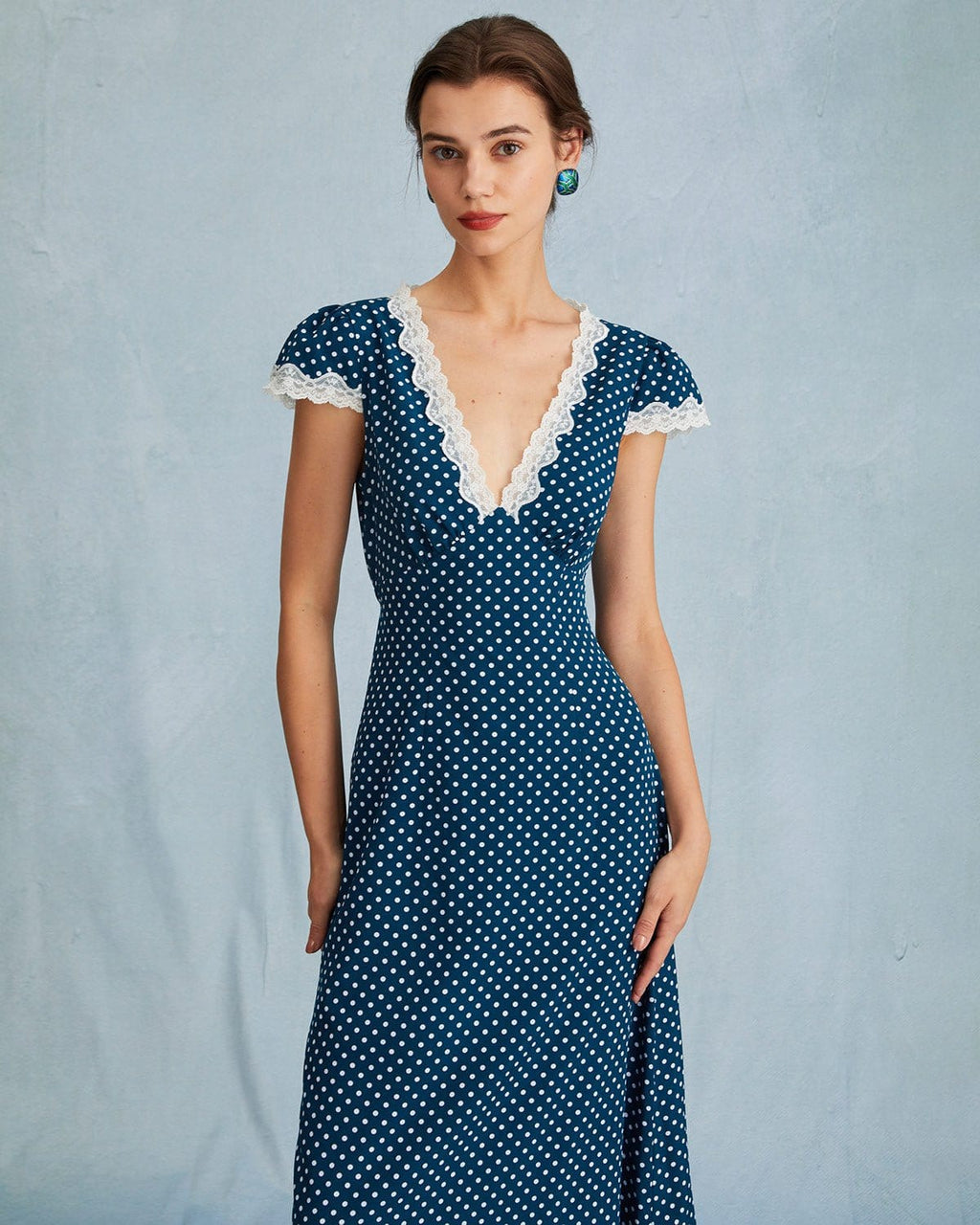Navy Polka Dot Lace Ruched V-Neck Maxi Dress