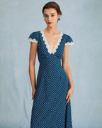 Navy Polka Dot Lace Ruched V-Neck Maxi Dress